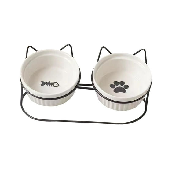 Cat Food Bowls Raised Cat Dishes Separable Large Capacity with Iron Holder Shelf White