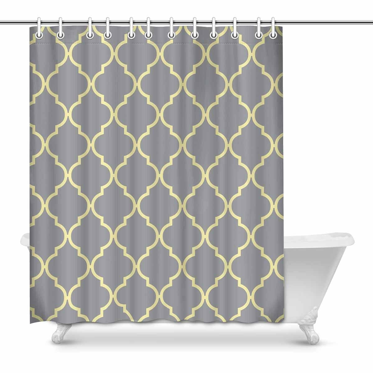 Pop Moroccan Tile Quatrefoil Gray And Yellow Bathroom Decor Shower Curtain Set 60x72 Inch
