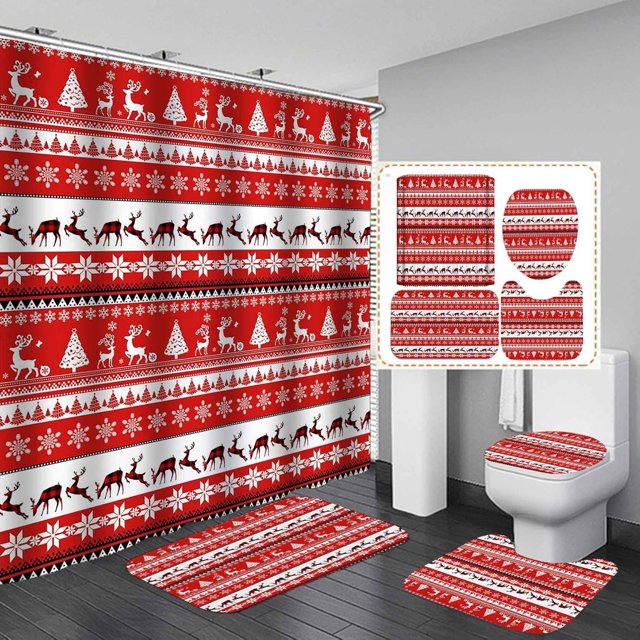 Juego de 4 cortinas de ducha navideñas, diseño de renos, alces, ciervos, árboles de Navidad, copos de nieve, rayas rojas y blancas, decoración de baño para vacaciones de invierno y Año Nuevo, cortina