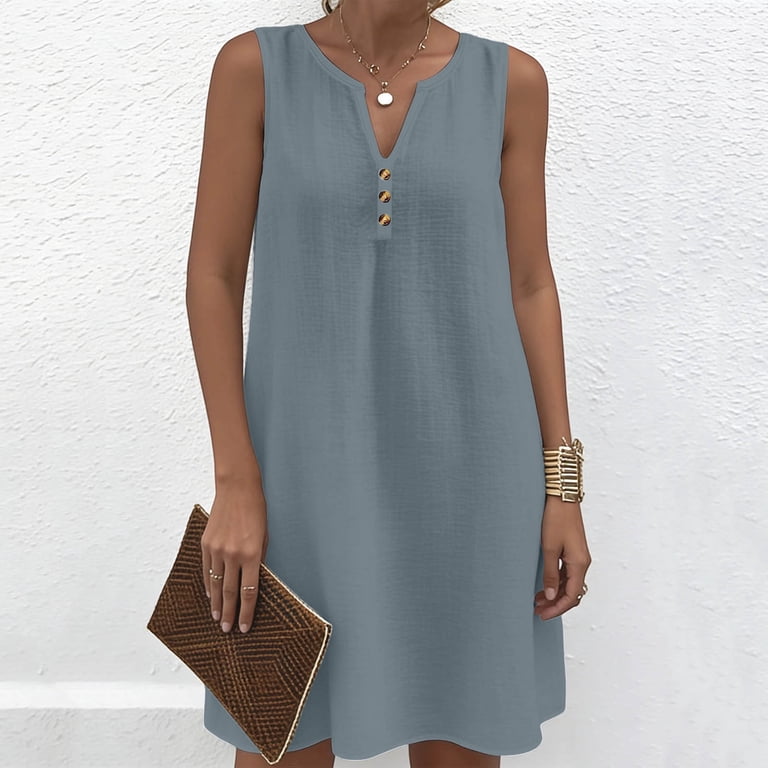 cotton tank dress knee length Aohooy Women's Cotton Tank Dress Casual Summer Sleeveless V Neck Button Midi Knee Length Loose A Line Flowy Beach Vacation Dresses Gray,XXL, Size: 2XL