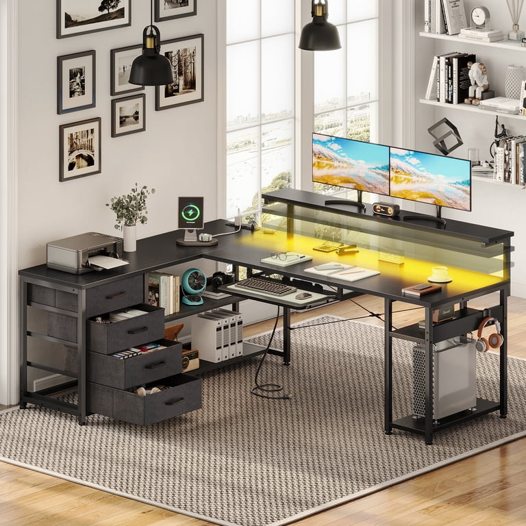 Sofanext 61 inch L Shaped Gaming Desk with 4 Drawers, Power