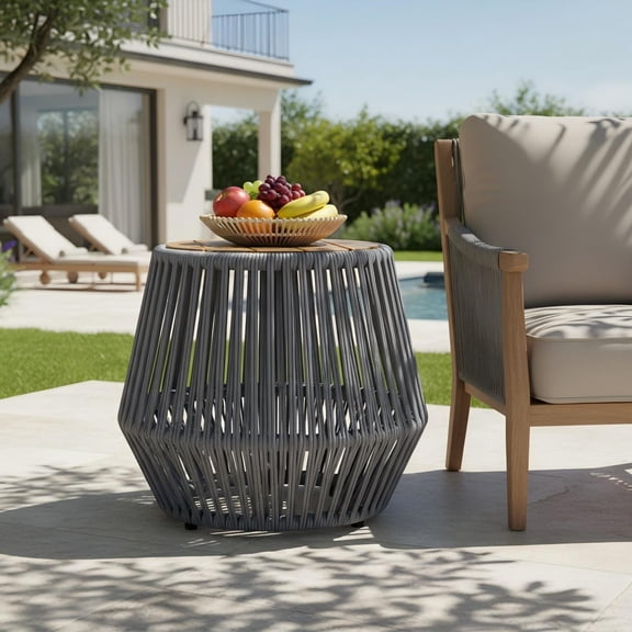 Christopher Knight Home Modern Boho Acacia Wood Accent Side Table with Gray Rope Base, Teak Finish