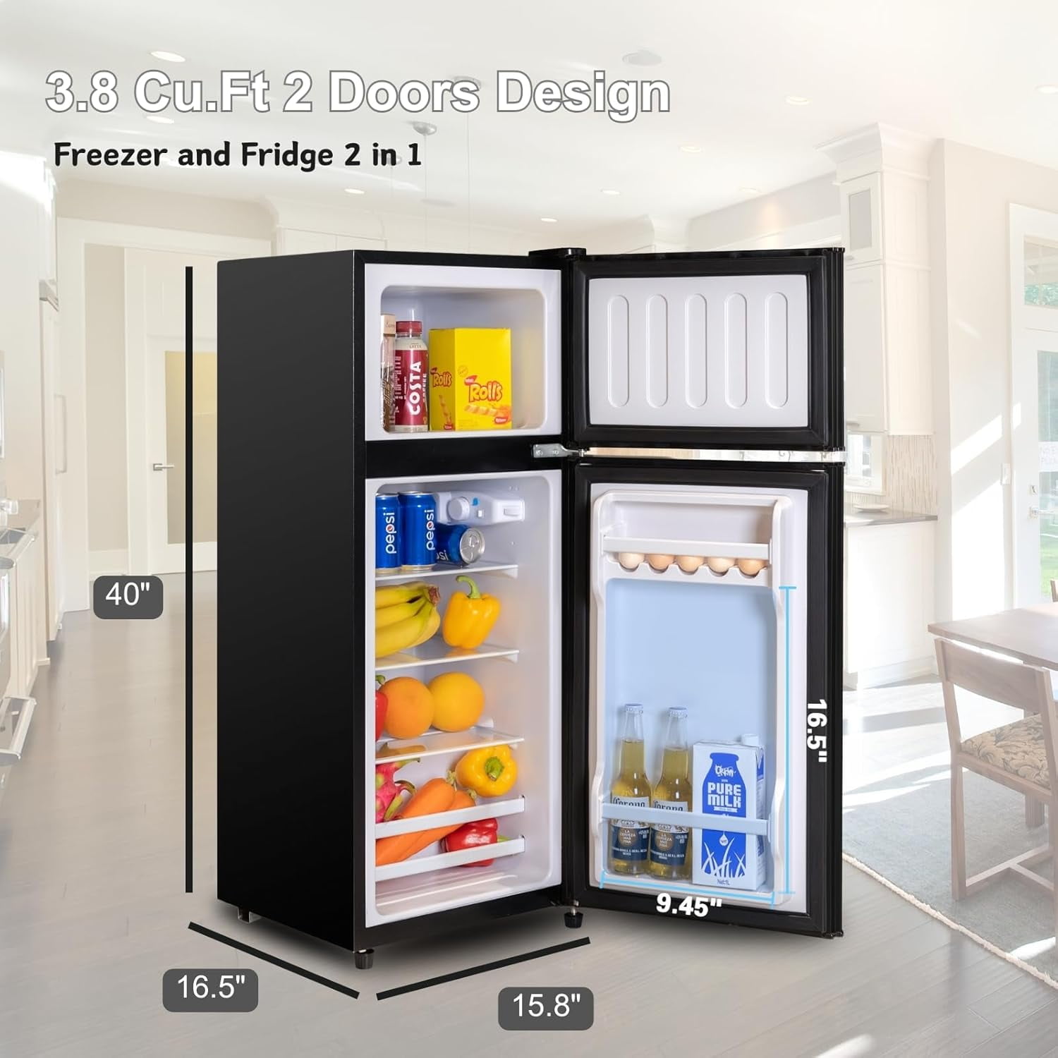 GGTB 3.5 Cu Ft Refrigerator with Freezer, 2 Doors Refrigerator, Fridge for Bedroom, Kitchen, Dorm, Apartment, Garage, Office