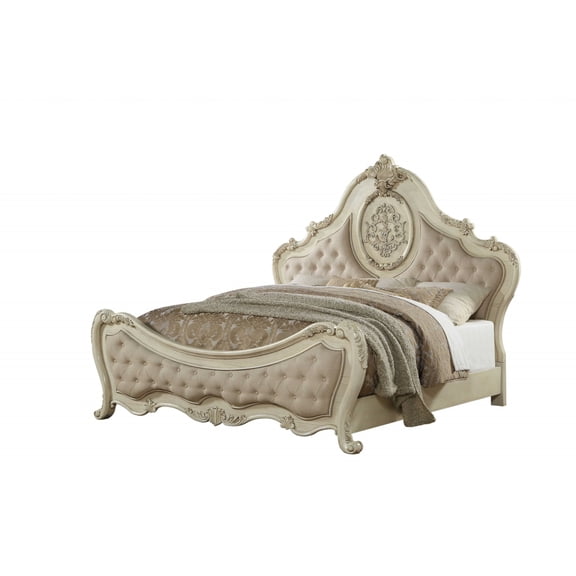 76" X 89" X 89" Wood, Upholstery, and Veneer (Wood) Eastern King Bed, Beige Linen & Antique White
