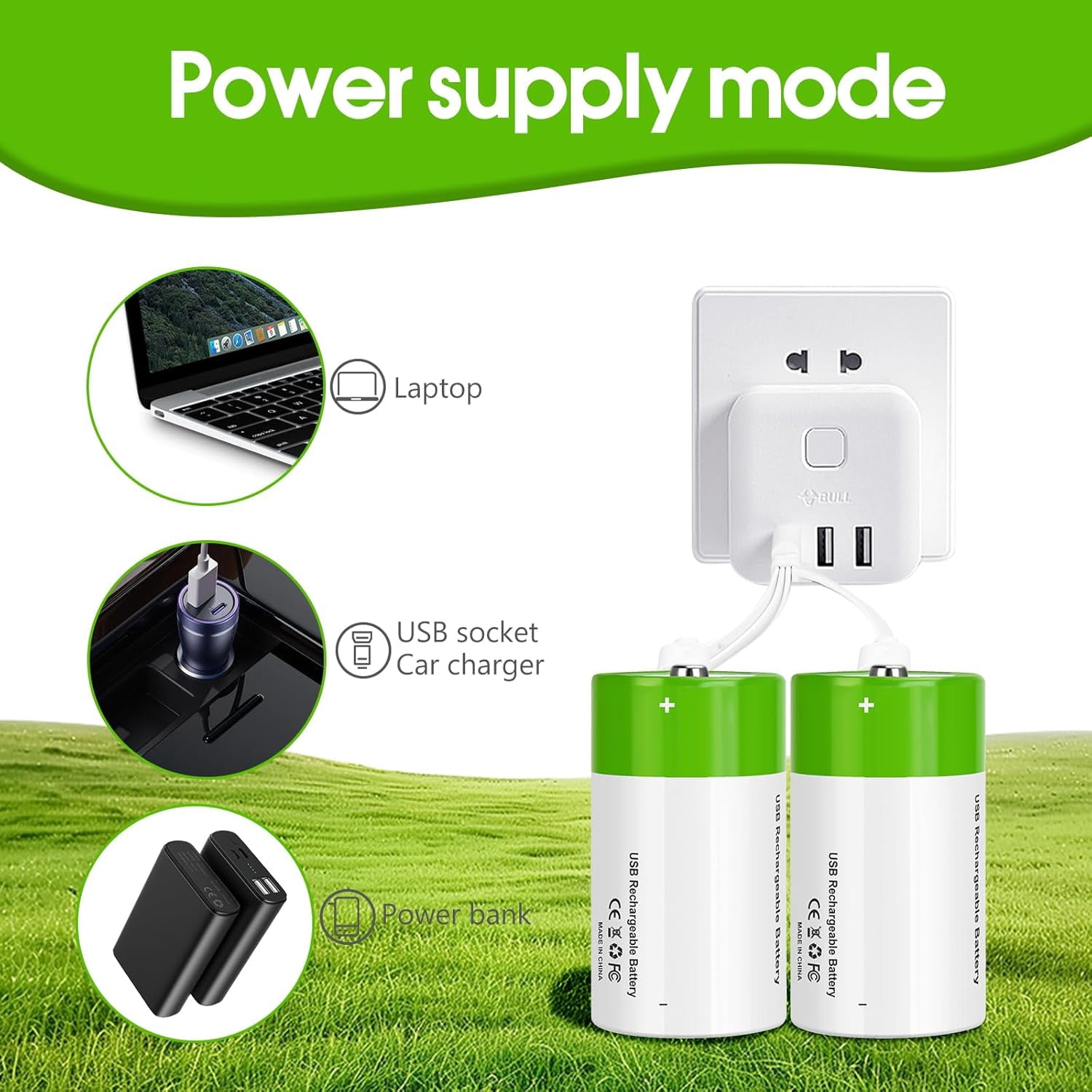 D Batteries Rechargeable 4 Pack with4 in 1 USBC Charging Cable Size Cell Lithium 7500mWh 1.5V for Flashlights, Toys, and Floodlights