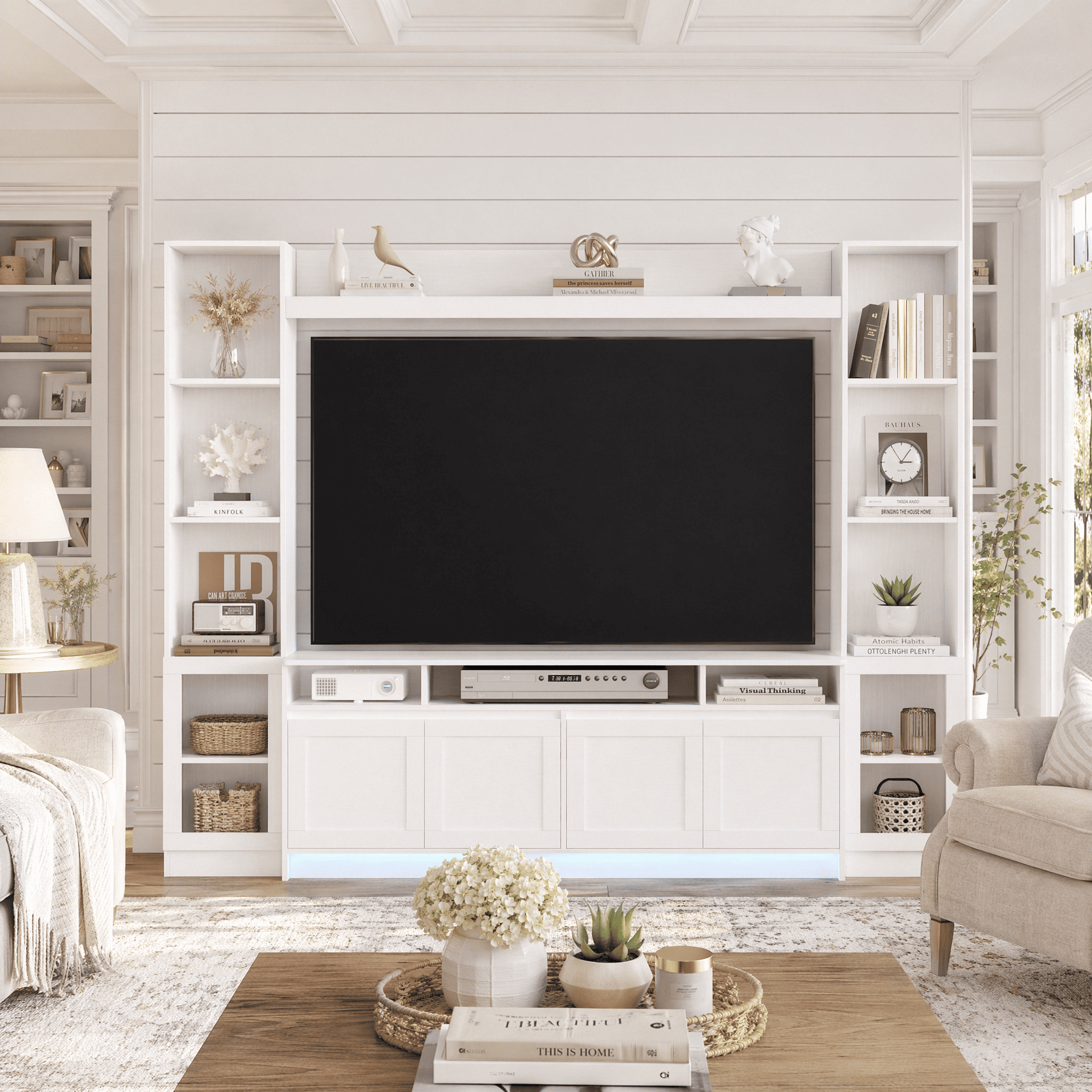 Hiphuta 79" Wall Unit Entertainment Center with Shelves, White photo 7