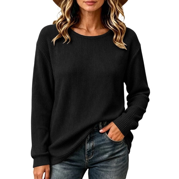 Women’s Waffle Knit Long Sleeve Shirts, Crew Neck Pullover Sweater Tops, Casual Loose Fit Lightweight Knit Tops for Fall Winter Spring