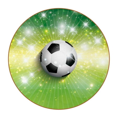 

OWNTA Football Soccer Shiny Green Background Pattern Premium Microfiber Leather Round Coasters (6PCS) - 11x11 cm/4.3x4.3 in - Durable & Stylish Cup Mat Set