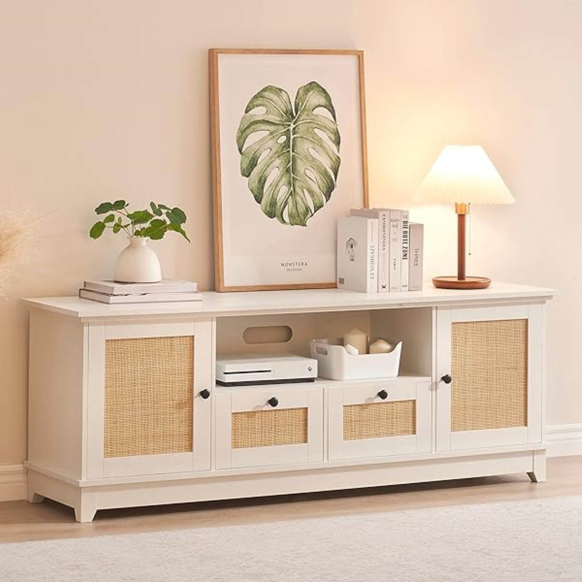 TROPOW Tv Stands for Living Room,Rattan TV Stand, Boho Entertainment Center for 65 Inch TV, TV Console with 2 Cabinets & Adjustable Shelf, Modern TV Stand with Storage, Media Console Cabinet,White