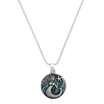 Mermaid Pendant Necklace Green Abalone Shell Rhodium Plated 17 Inch Snake Chain J1159