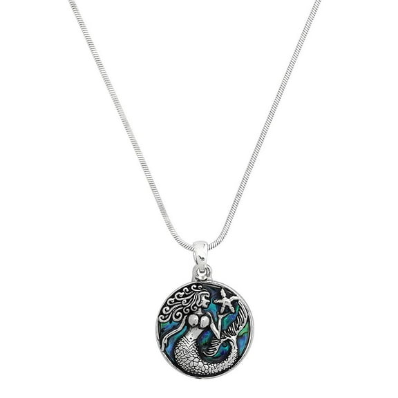 Mermaid Pendant Necklace Green Abalone Shell Rhodium Plated 17 Inch Snake Chain J1159