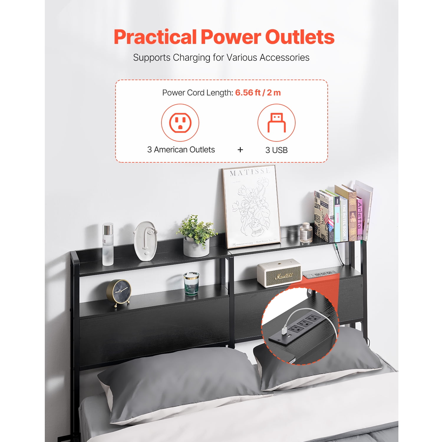 KFFKFF Queen Bed Headboard, Height-Adjustable with Dual Shelf Storage, Independent Head Board Incorporating Charging Facility and LED Illumination for Various Bed Structures, Simple Setup, Dark Hue