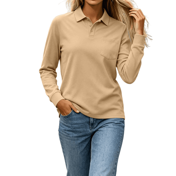 CBASIHI Womens Long Sleeve Polo Shirts with Pocket- Casual Business Collared Fall Slim Fit Golf Shirts Khaki Size S-3XL