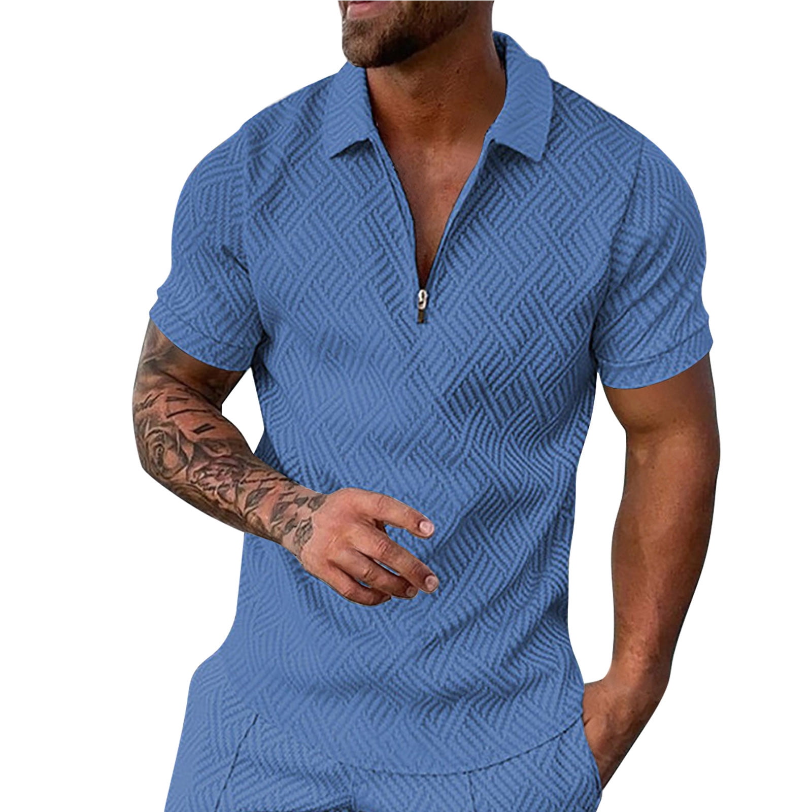 B91xZ Work Shirts For Men Men's Shirt Summer Outfits Casual Zipper Up Short  Sleeve Shirt Suit For Men Cropped T Shirts for Men Polo Shirts For Men Blue  M 