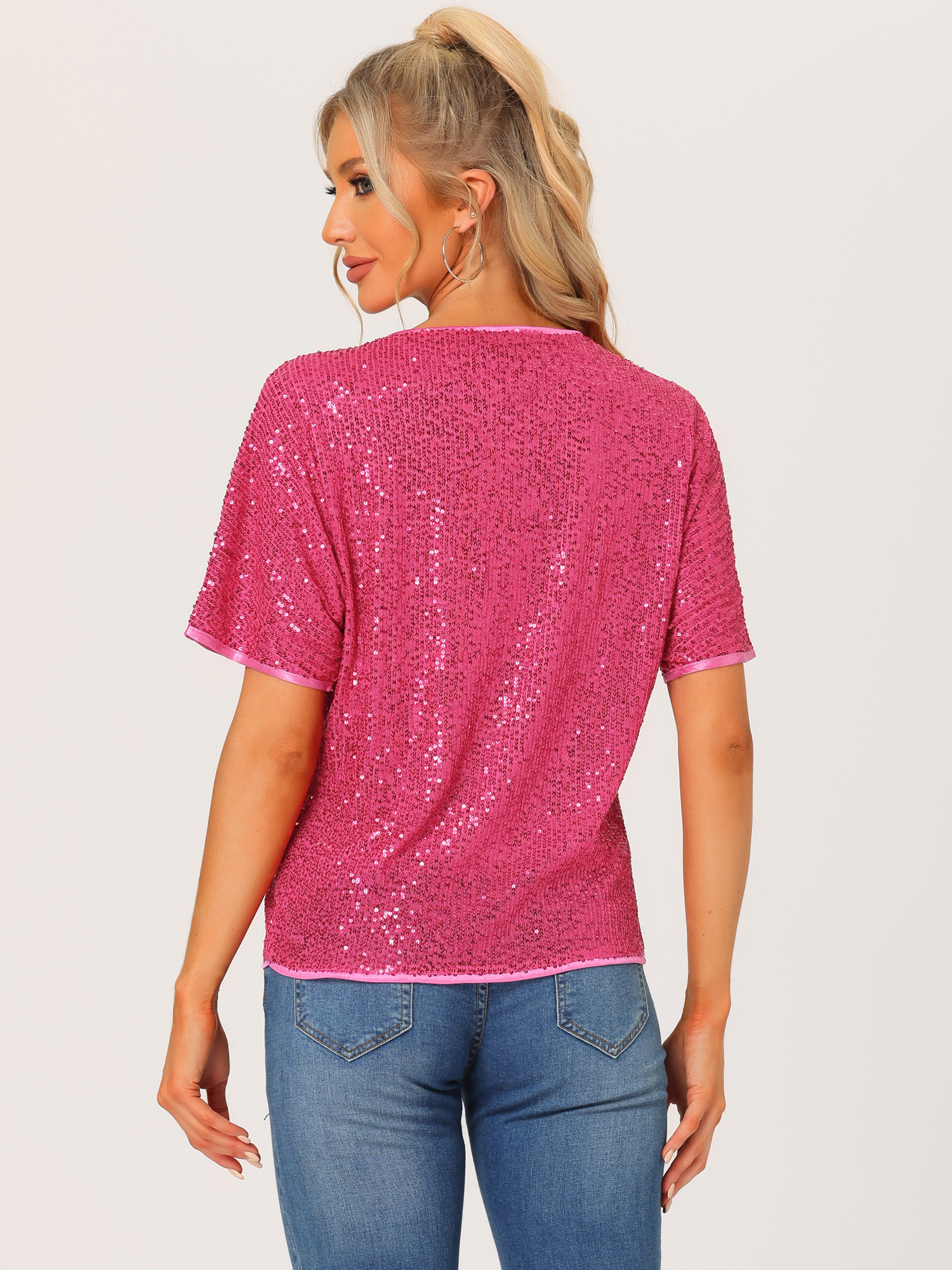 DARING DIVA Women's Costume Sequin Clubwear Blouses T-Shirts S Hot Pink