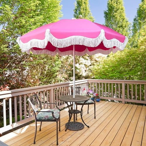 Boho Table Umbrella with Fringe Pink Patio Umbrella 6ft Tassel Beach Umbrella UPF 50 Outdoor Umbrella Waterproof Portable Umbrella Detachable with Carry Bag Pool Umbrella with Tilt for Garden Lawn
