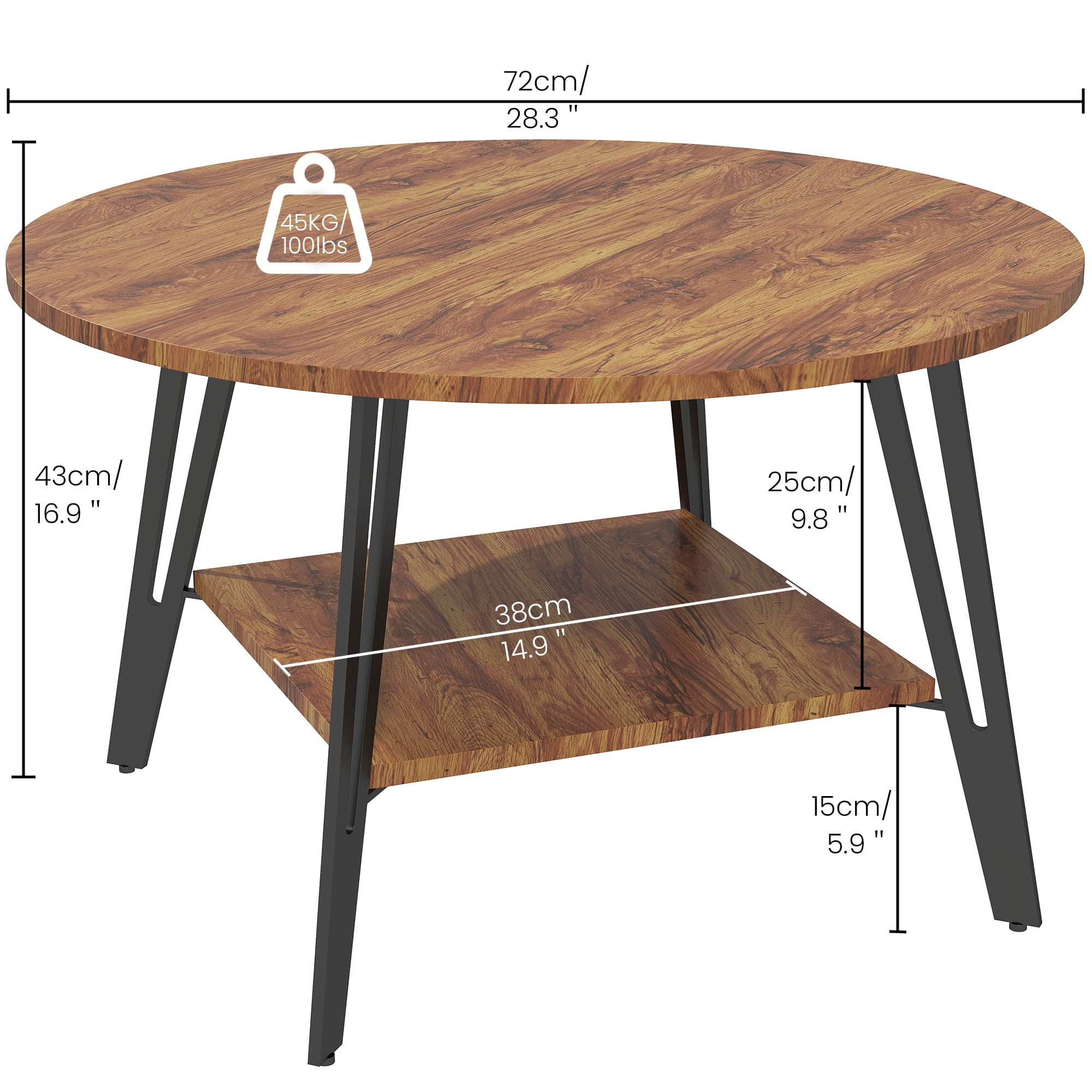 Manxile Round Coffee Table with 2 - Tier Storage, Wood Coffee Table with Metal Legs, Modern Rustic  Center Table for Living Room, Red Brown