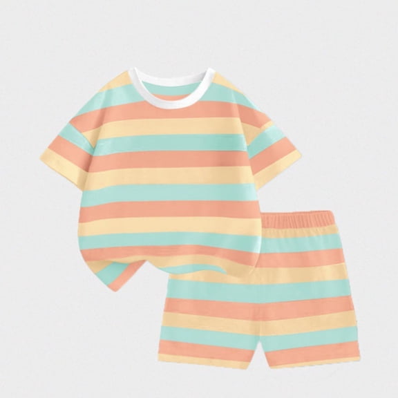 hengsof Children's Short Sleeve T-Shirt and Shorts Set Children's Casual Striped Top Basic Round Neck Pullover Set