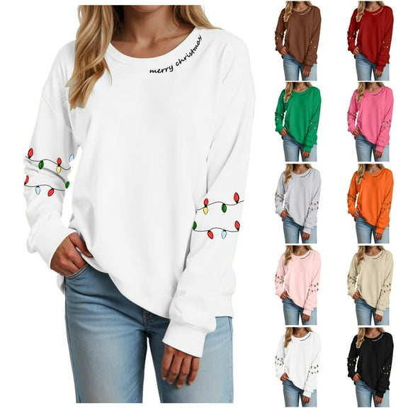 TTUHYWXI Christmas Sweatshirt for Women Light Sweatshirts Merry And Bright Xmas Long Sleeve Shirts Crewneck Pullover Tops (Beige, XL)