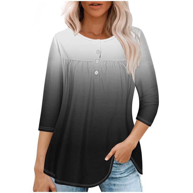 RXIRUCGD T-shirt Imprimé Décontracté d'Été pour Femmes Manches Trois-Quarts Col Rond Froncé Blouse, Noir, Taille : S