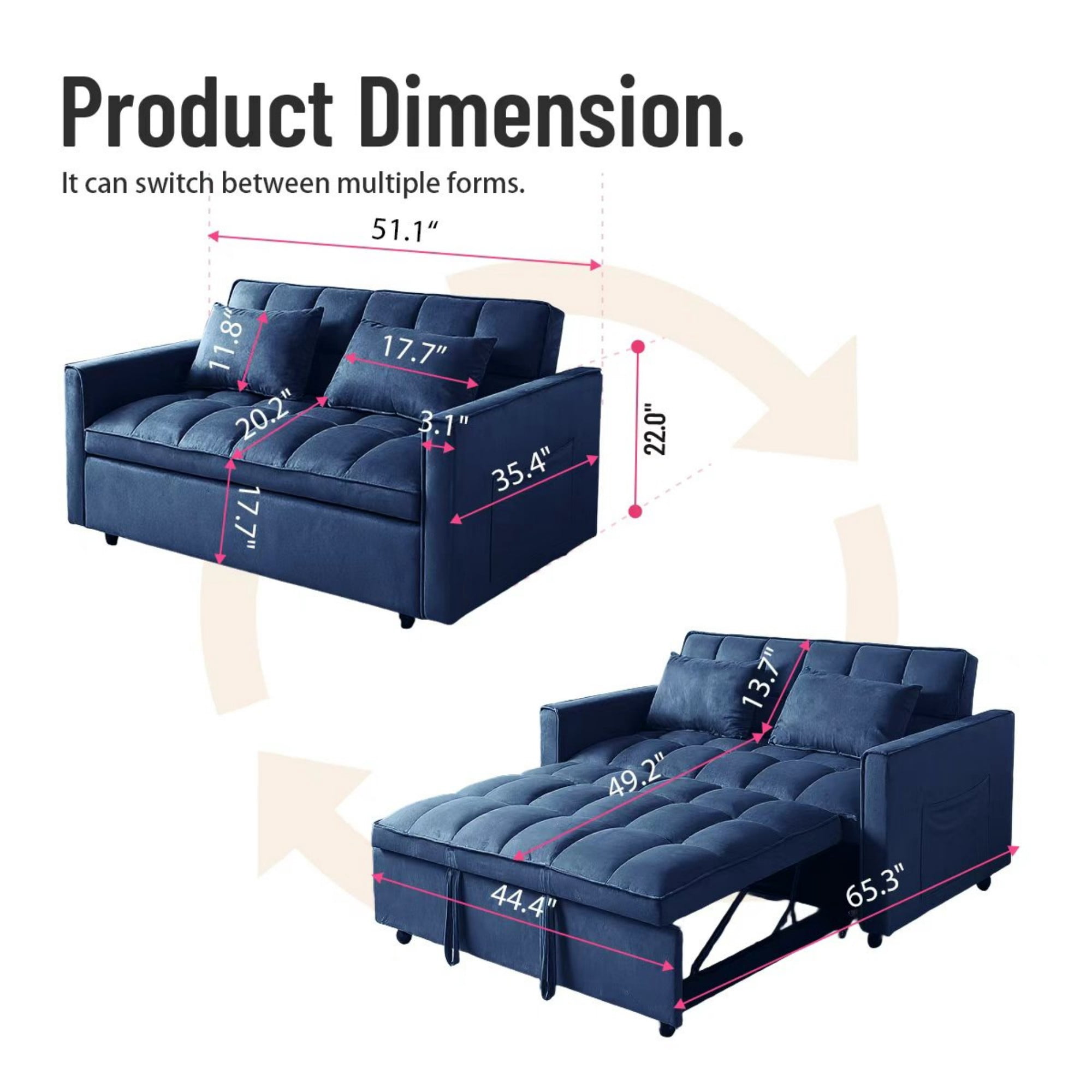 BSHTI 51.1" Pull-Out Sleeper Sofa Bed, Twin-Size Fold Out Sleeper, With 3 Angles Backrest Reclined, Velvet Upholstery, Side Storage Pocket and Two Pillows, Blue
