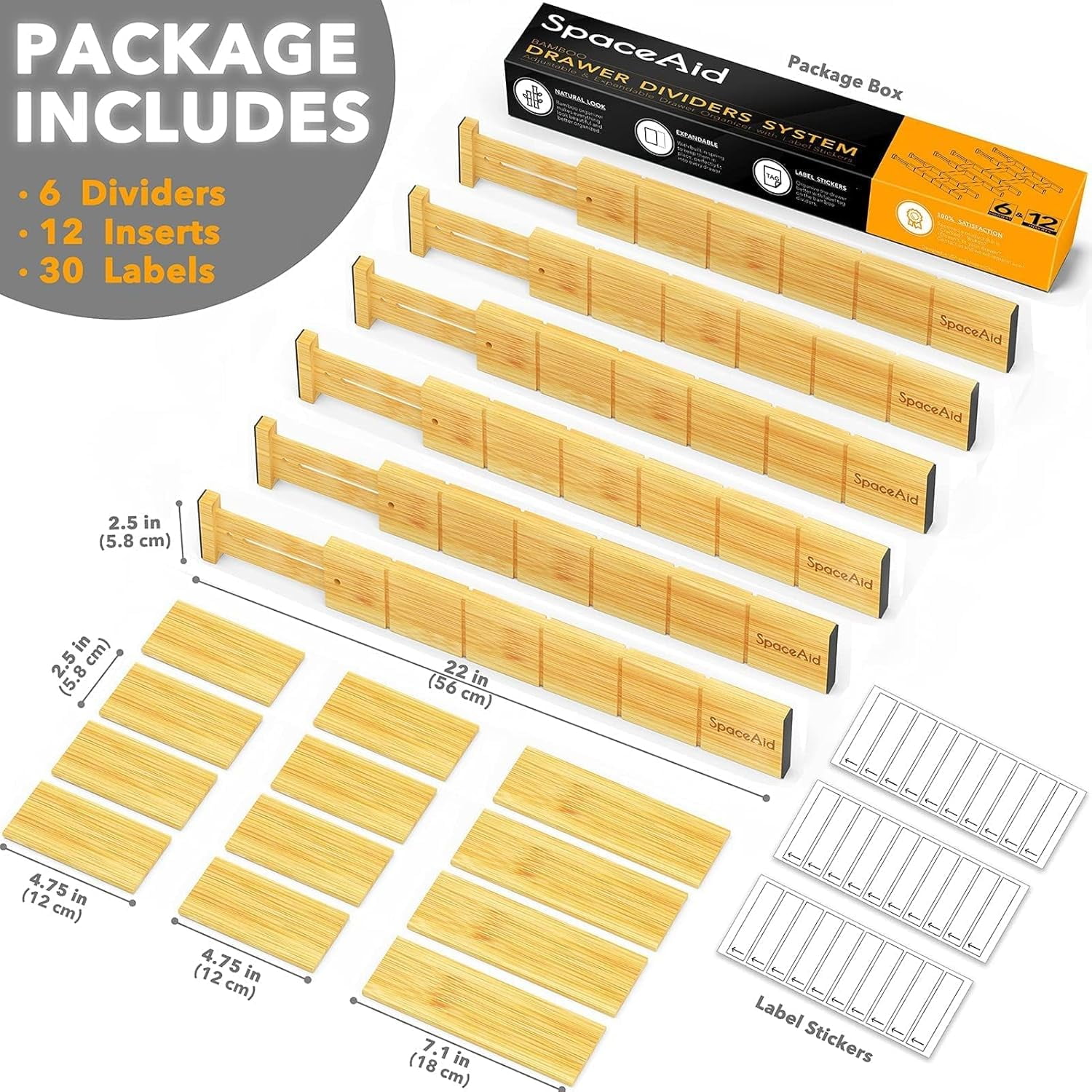SpaceAid Bamboo Drawer Dividers with Inserts and Labels, Kitchen Adjustable Drawer Organizers, 6 Dividers with 12 Inserts (17-22 in)
