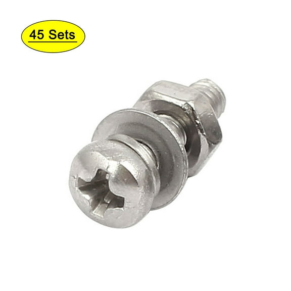 M2.5x10mm 304 Stainless Steel  Pan Head Bolt Screw Nut w Washer 45 Sets