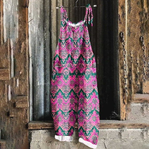 Women's Loose Jumpers Casual Sleeveless Jumpsuits Strap Retro Print Metal Button Long Harem Pants Romper Pink XXL