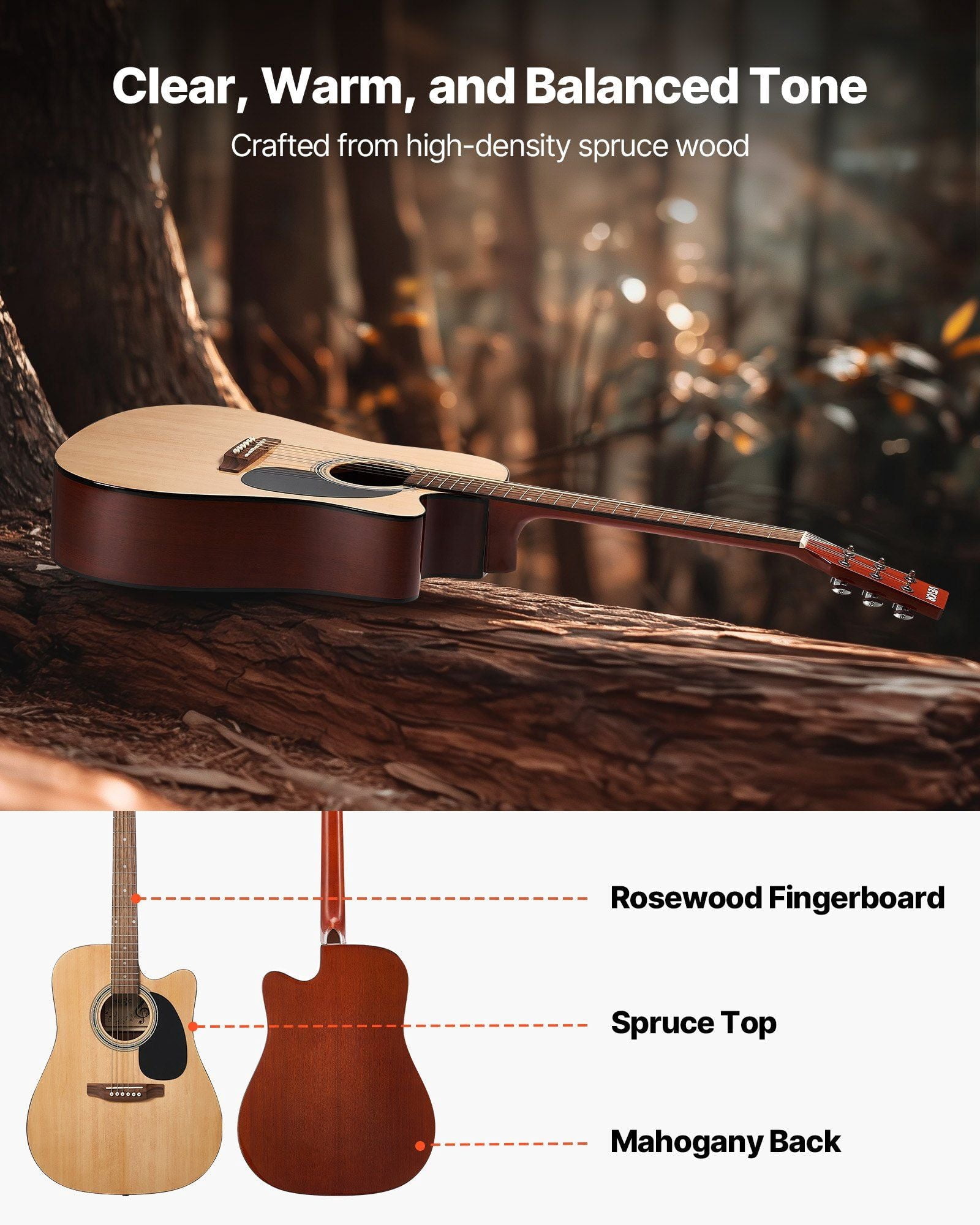 41 in Cutway Acoustic Guitar Natural Beginner Bundle with Gig Bag for Adult Solo