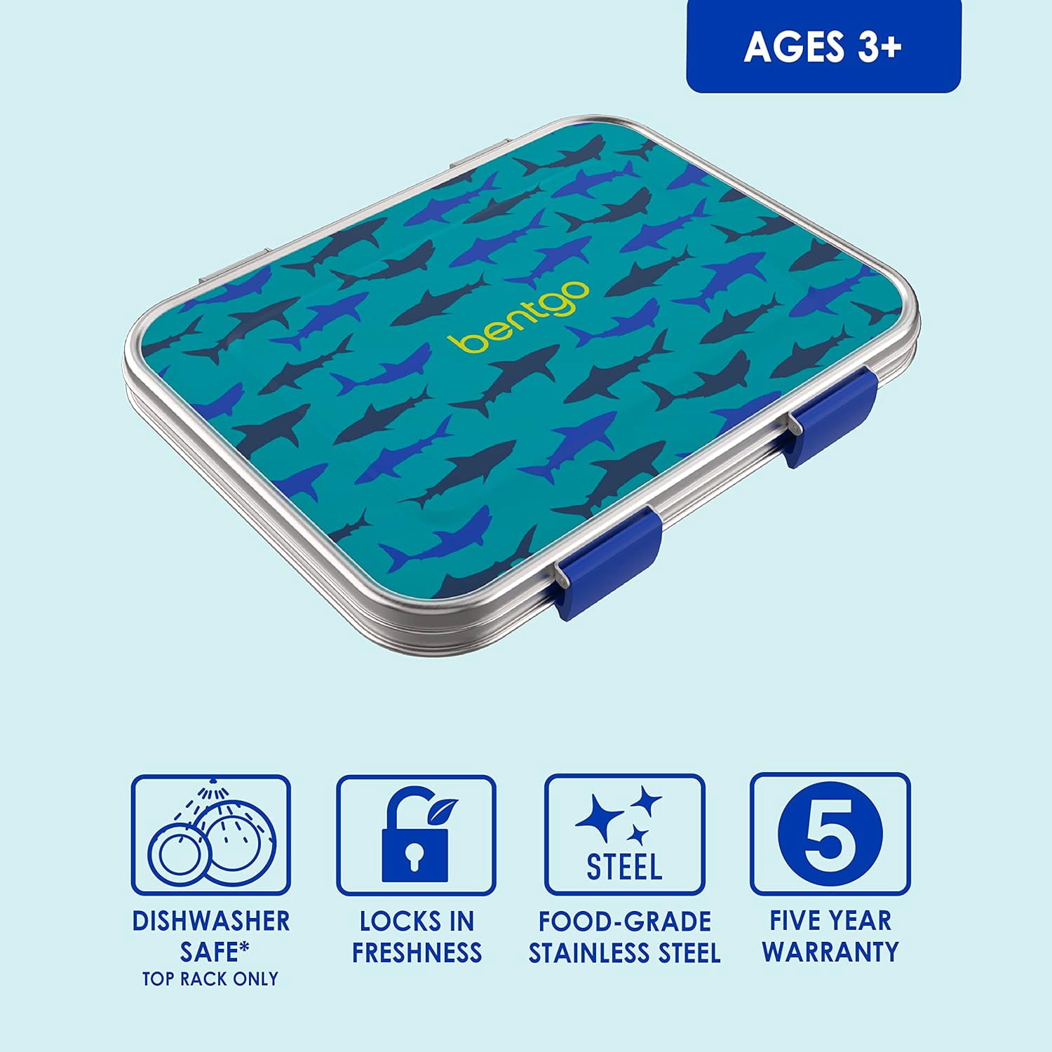 Stainless Steel Prints Leak-Resistant Lunch Box - Bento-Style With Updated Latches, 3 Compartments & Container - Eco-Friendly, Dishwasher Safe, BPA-Free (Shark)