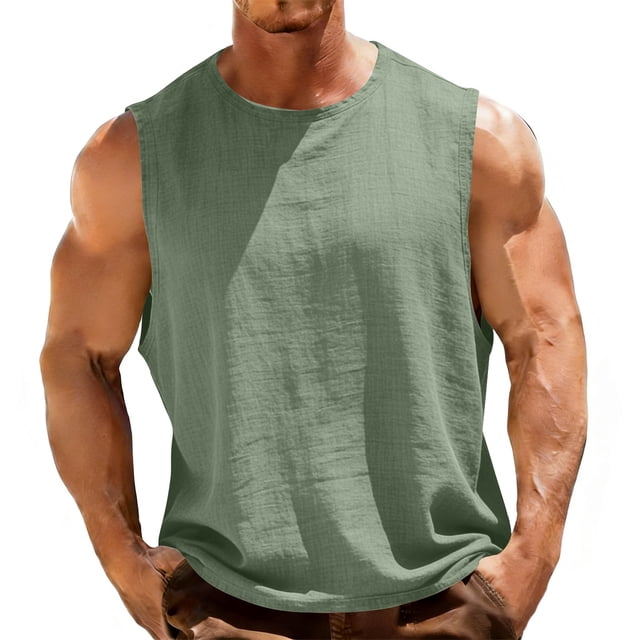HomeGardon Mens Tank Tops Summer Cotton-Linen Sleeveless Crew Neck Solid Color Shirts Green,XL