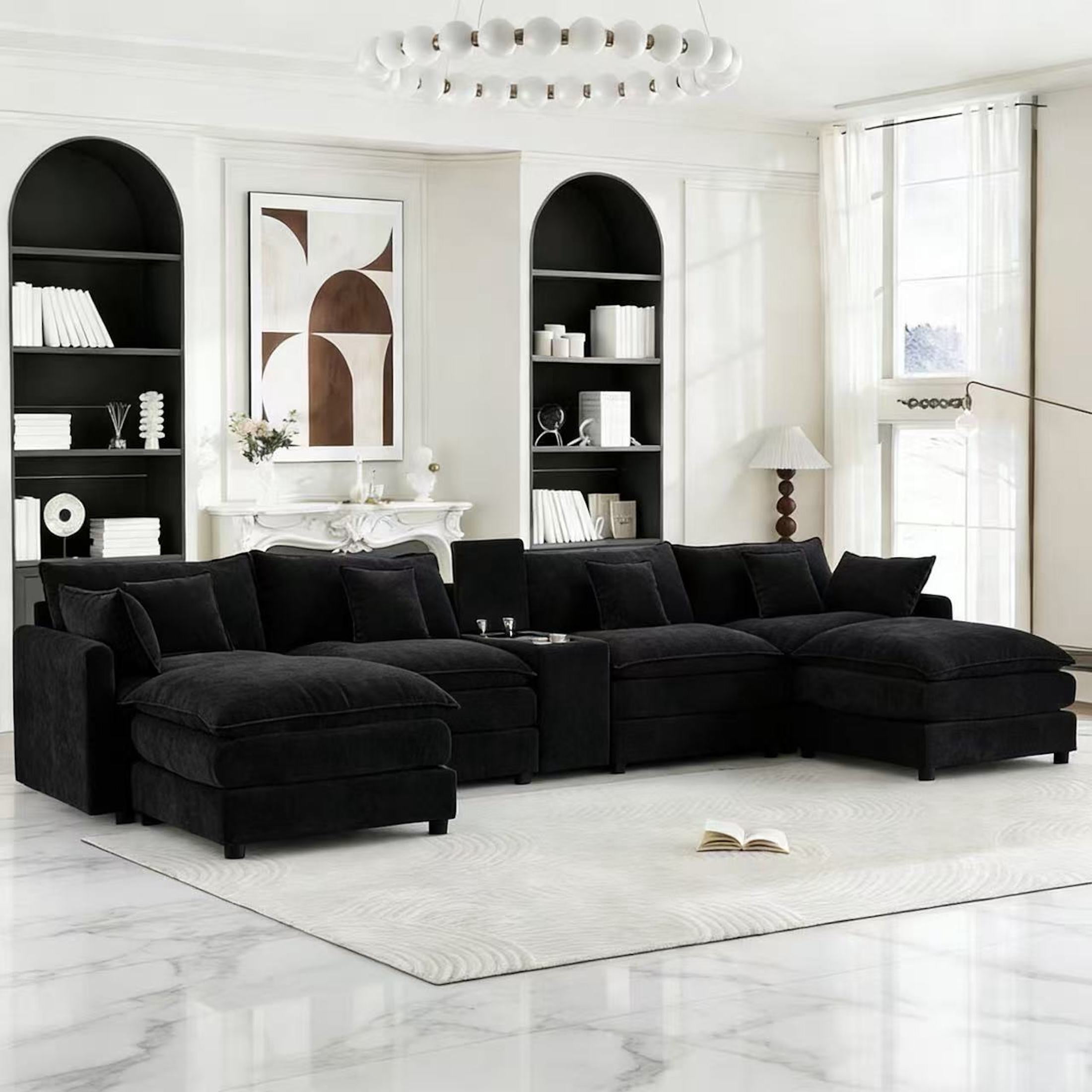 Aisword 145" U Shaped Cloud Couch Sectional with USB Charging, Hidden Storage, Cup Holders & Chenille Double Chaise, Black