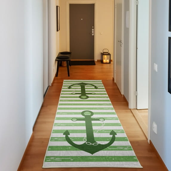 Striped Decorative Rug, Ship Anchor Chain Marine Life Inspired Lines Background Ocean Sailing, Quality Carpet for Bedroom Dorm and Living Room, 6 Sizes, Fern Green, by Ambesonne