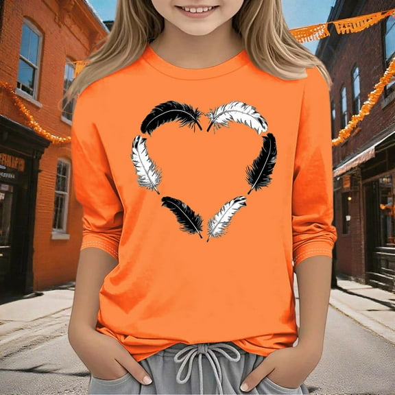 Frwgonr School Uniform Shirts for Girls Orange Kids Summer Fall Crewneck Tops Cute Tees Blouse Size 3T-14