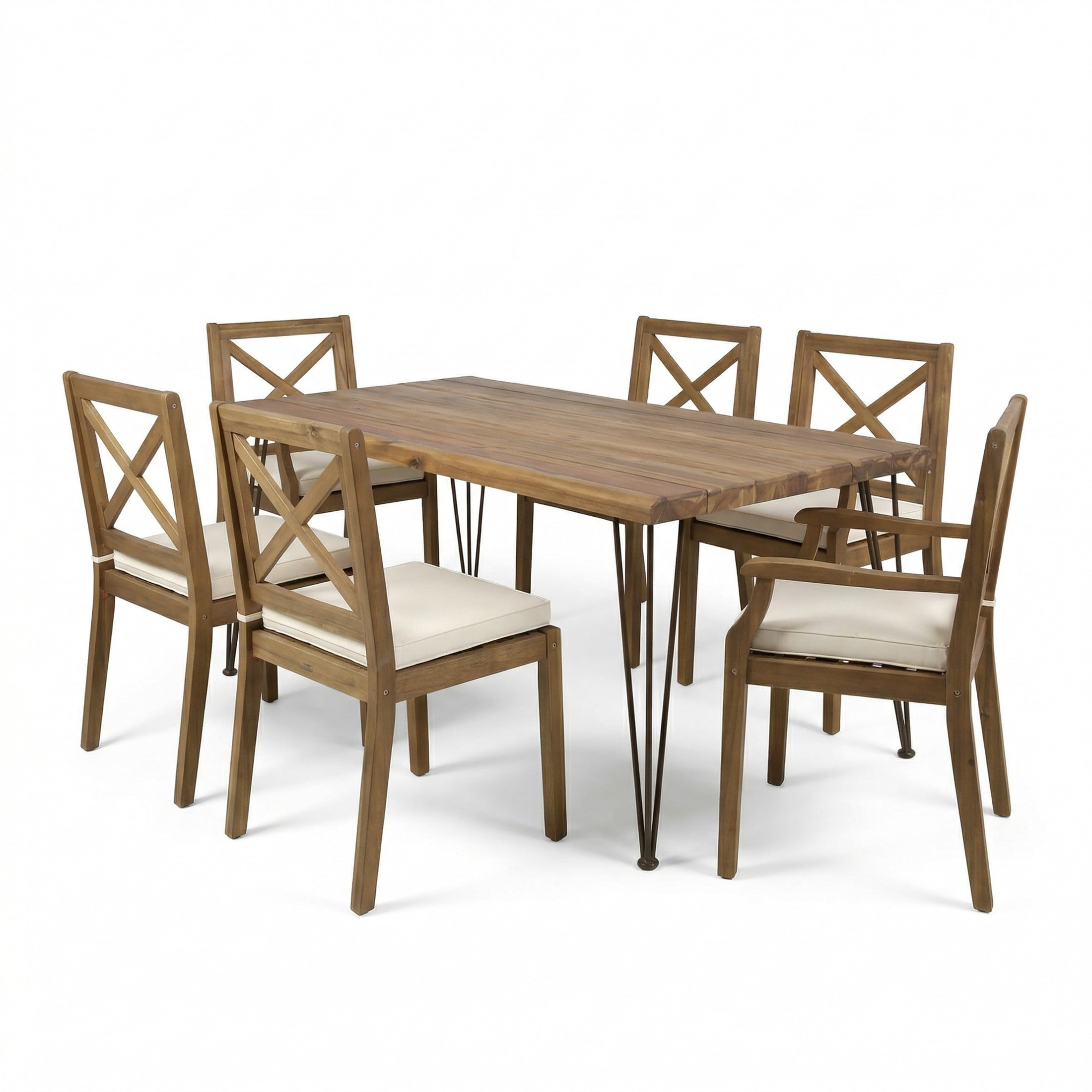 Christopher Knight Home 7-Piece Rustic Outdoor Acacia Wood Dining Set with Cream Cushions, Teak Finish