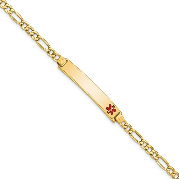 Auriga 14K Yellow Gold Semi-Solid Red Enamel Figaro Id Bracelet 7 inch for Women(L- 7inch, W- 6.5mm)