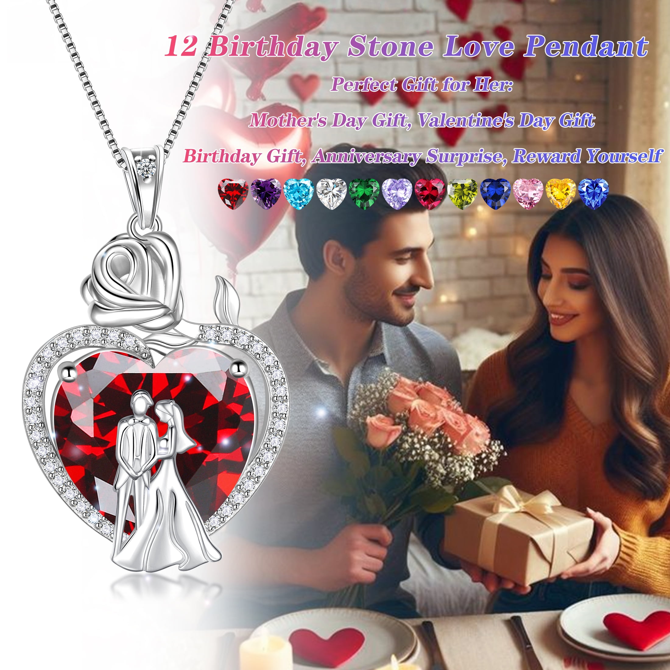 Juwaliy Couple Necklace for Women 925 Sterling Silver Heart February Birthstone Rose Flower Pendant Wedding Engagement Jewelry Valentines Day Gift for Her Wife/Girlfriend
