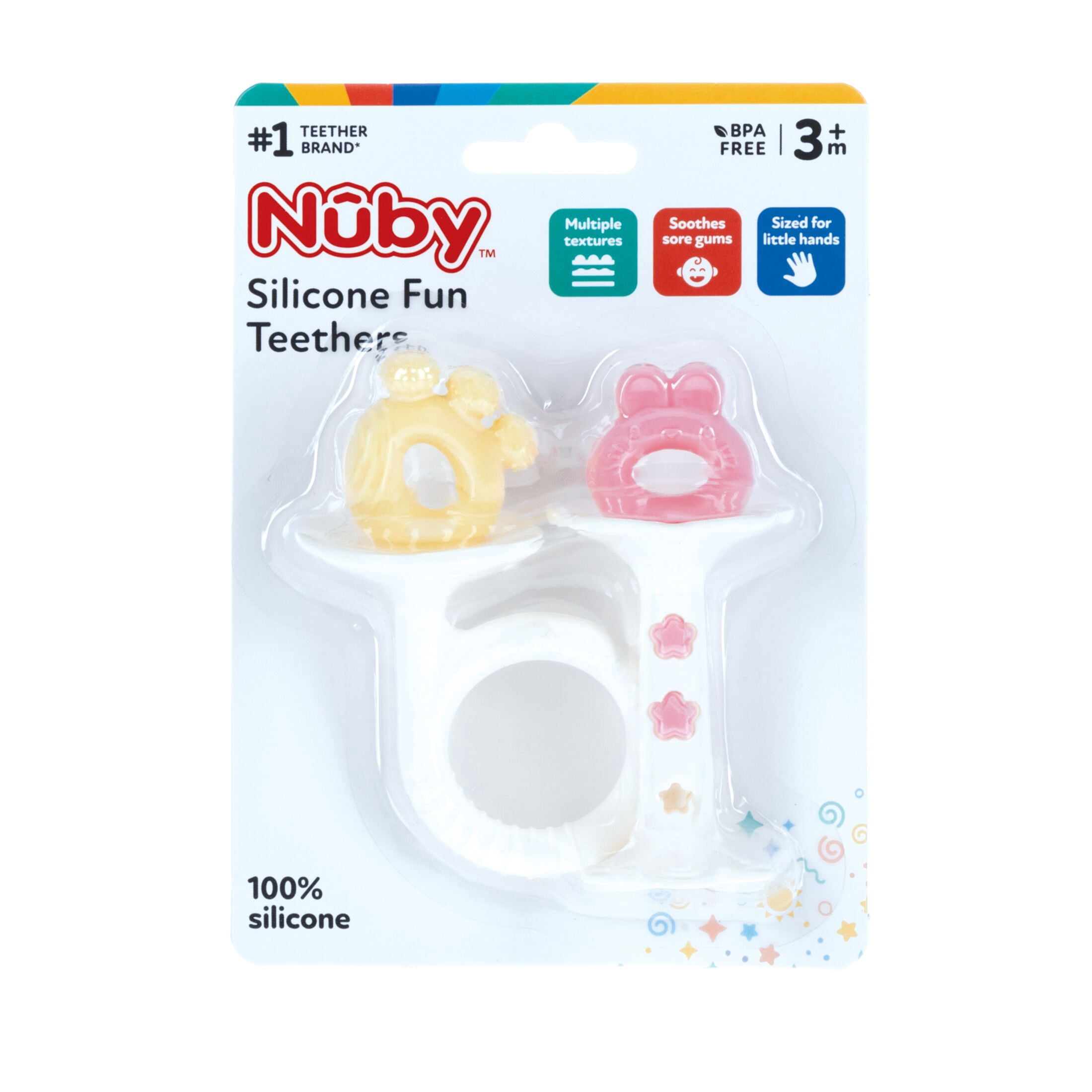 Nuby 2pk Silicone Fun Teether, Bunny & Tuba Teether, Pink and Yellow