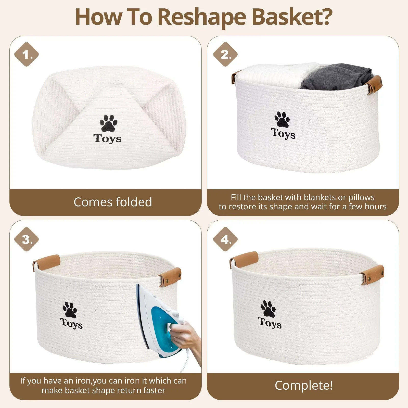 Jumpress Dog Toy Basket, Quality Cotton Rope Dog Toy Storage with Handle, Durable Toy Bin Box for Dog/Cat/Pet Toys, Accessories, Blanket & Leash (#3 Beige-Small, 13’’x9’’x7.5’’)