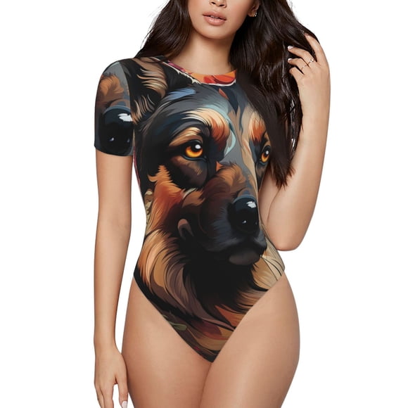 Saiise Colorful Flower German Shepherd Pattern Women's Short-Sleeved Onesie Round Neck Pajamas Stretchy Bodysuit with Snap Closure-Small
