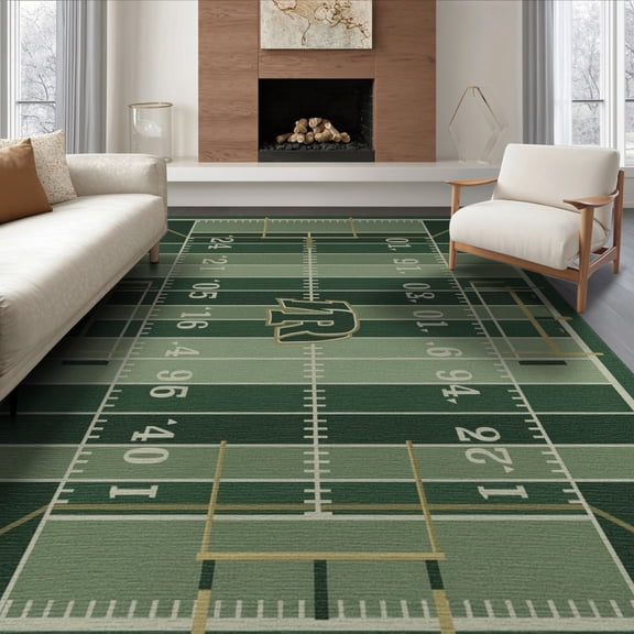 ODIKA 8'x10' Washable Area Rug Field Sport Motif With Vintage Yard Lines And Bold Goal Post Accents Football for King Size Bedroom Under Bed, Master Suite, Non-Shedding, Easy Care