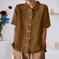 thumbnail image 2 of FUYUDY Women'S Linen Blouse Short Sleeve Loose Fit Solid Color Double Open Front Lapel Shirt Comfortable Breathable Female Top For Summer Beach And Daily Wear,Brown,XXL, 2 of 5