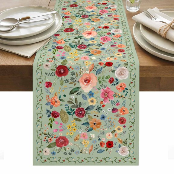 Sage Green Floral Table Runner - 60 Inch Long, Kitchen Dining Table Runner Dresser Scarves, Spring Flowers Leaves Farmhouse Farmhouse Decor for Coffee Tables Wedding Party Banquet