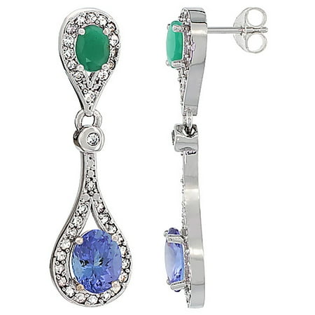 Oval Cabochon Accent - 10K White Gold Natural Tanzanite & Cabochon Emerald Oval Dangling Earrings White Sapphire & Diamond Accents, 1 3/8 inches long