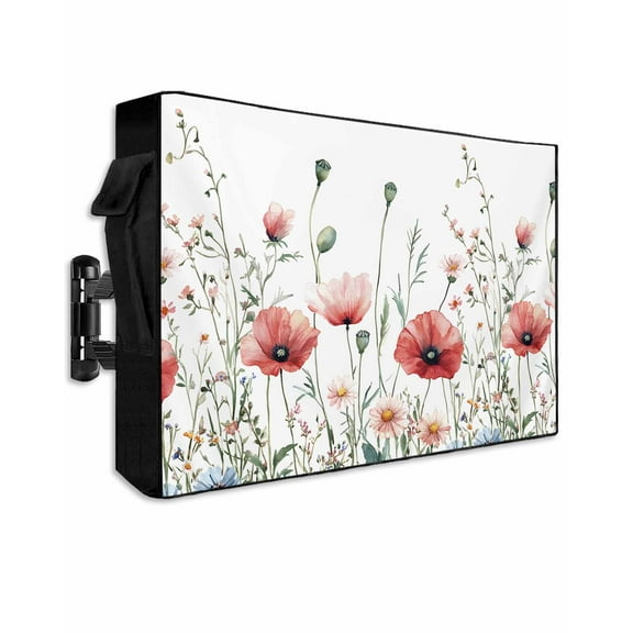 Red Poppy Flower Outdoor TV Cover 60 to 65 Inch Weatherproof, Garden Floral Botanical Painting 600D Oxford TV Covers with Waterproof Zipper, Outside Flat TV Screen Protector Size 58"W x 37"H x 4.5"D