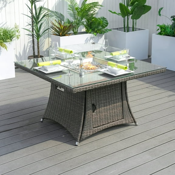 Direct Wicker  4-Seat Square Gas Fire Pit Dining Table, Aluminum