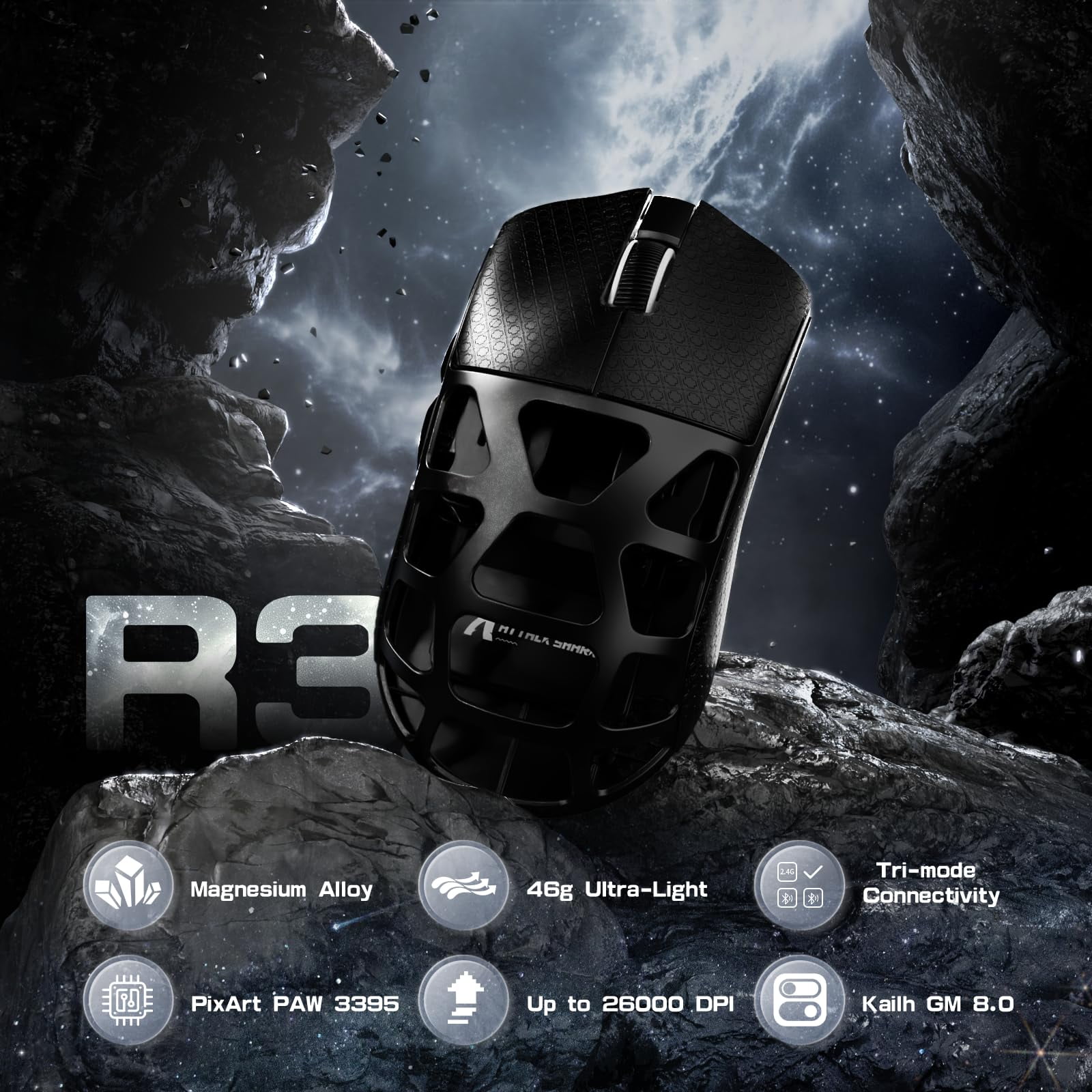 ATTACK SHARK R3 46g Superlight Magnesium Alloy Wireless Gaming Mouse, BT/2.4G/Wired Computer Mouse, 8KHz Polling Rate, PAW3395 26K DPI Sensor Programmable Mice Griptape for PC/Laptop/Mac (Black)