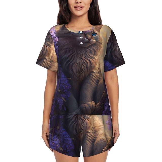 Fotbe Purple Flower Lazy Cat Conjunto de Pijama Estampado para Mujer, 2 Piezas, Ropa de Dormir con Camiseta de Manga Corta y Shorts Suaves-Medium
