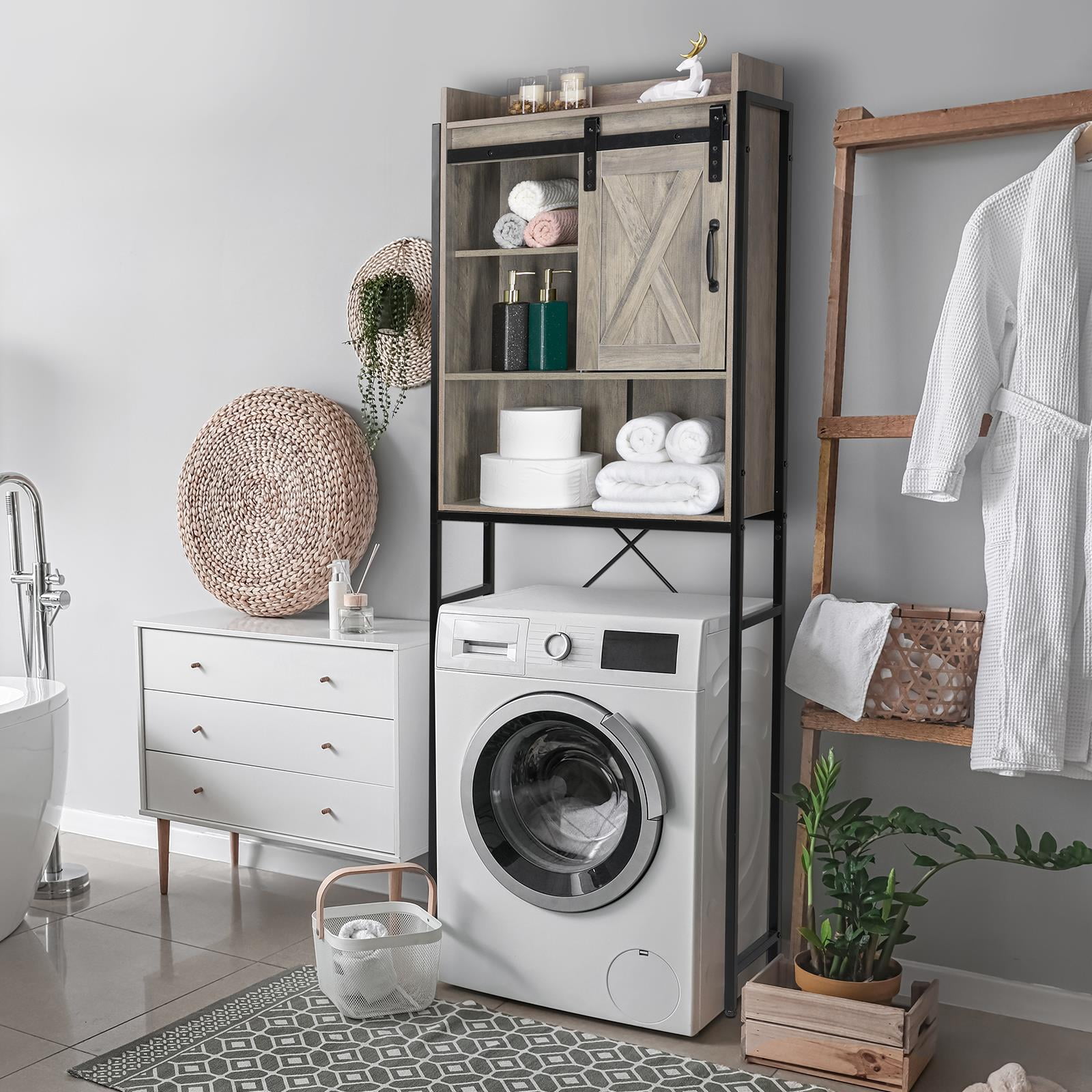 Ktaxon 3-Shelf Over The Toilet Bathroom Storage Cabinet and Shelf with Sliding Barn Door, Retro Gray