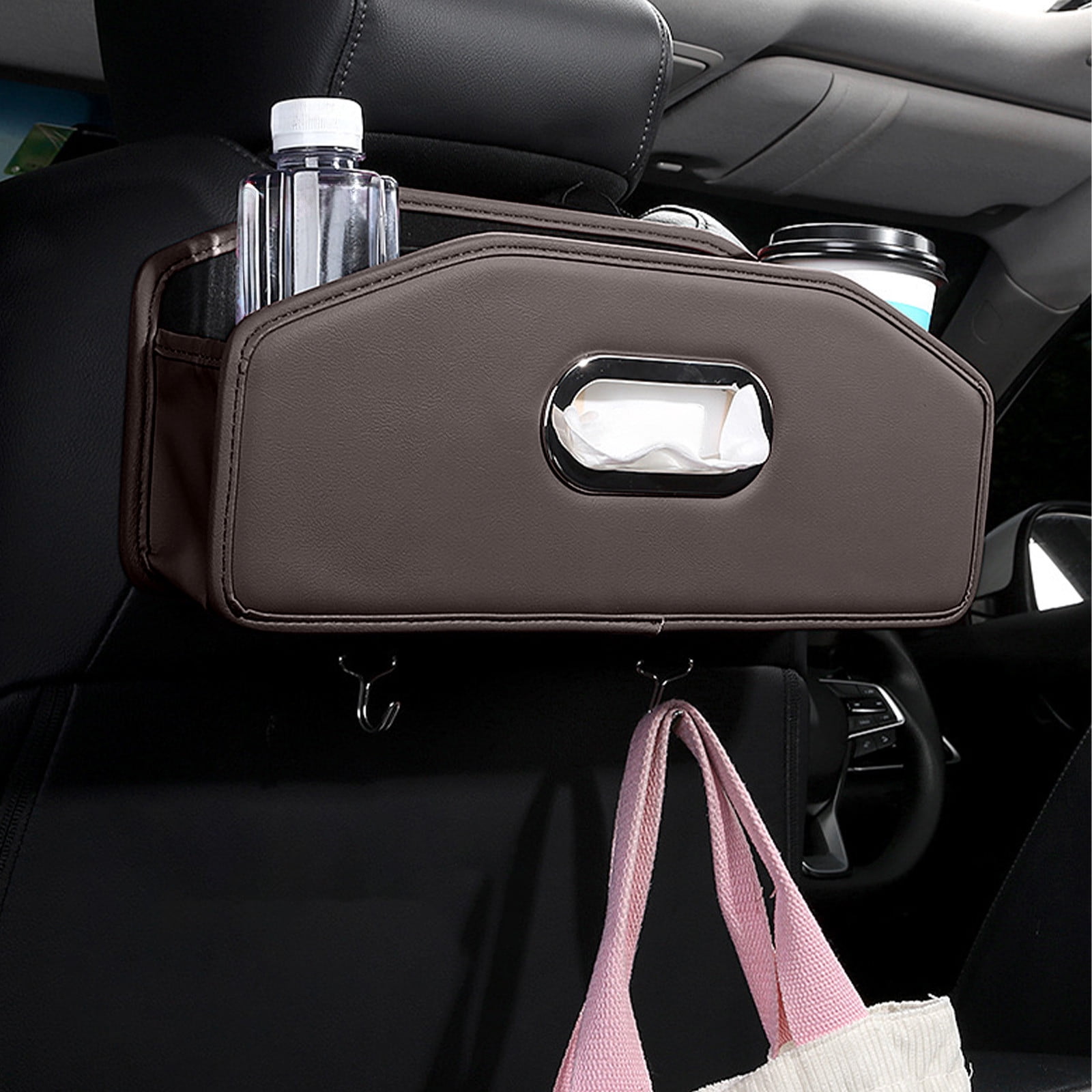 Car Headrest BackSeat Organizer with Cup Holder and Paper Towel Case - Hangable Storage Box for Car Backseat, Interior Decoration, Multifunctional Auto Travel Accessories